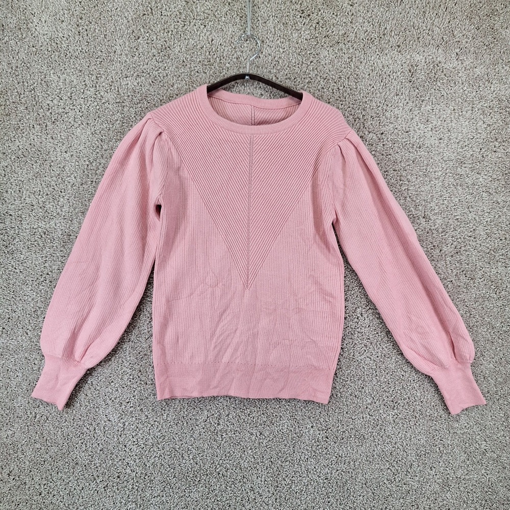 Unbranded Sweater Women M Pink Ribbed Knit Puff Sleeve Chevron Boho Chic